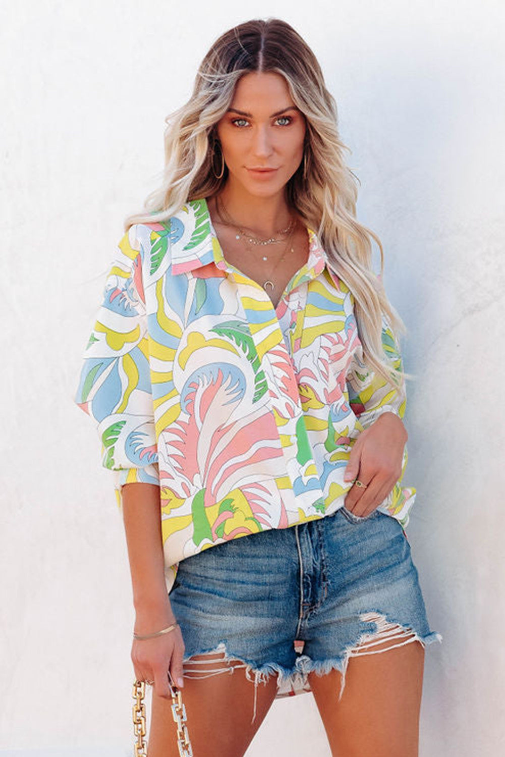 Multicolor Abstract Printed Turn-Down Collar Loose Shirt-yoyobikini