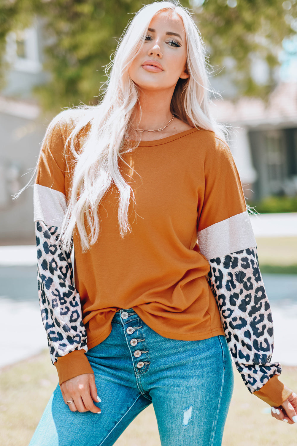 Brown Leopard Sequin Patchwork Long Sleeve Top-yoyobikini