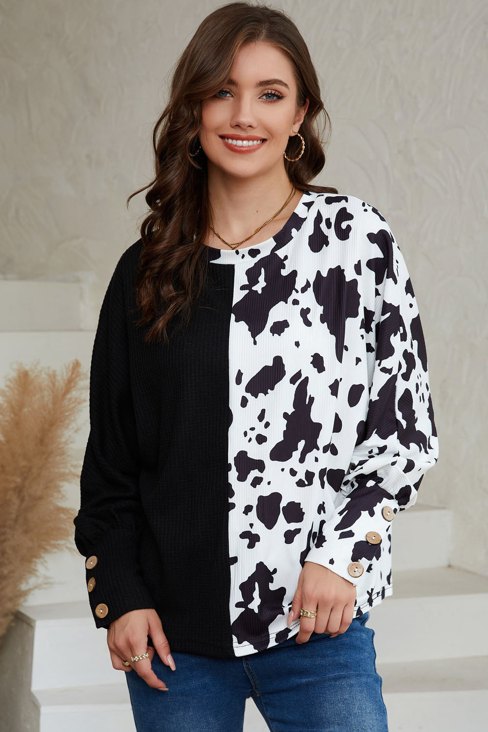 Black Cow Patchwork Waffle Knit Long Sleeve Top-yoyobikini