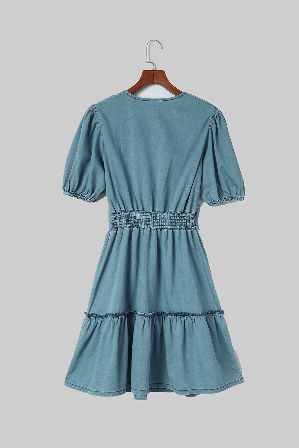 Sky Blue V Neck Bubble Sleeve Ruffle Flared Mini Dress-yoyobikini