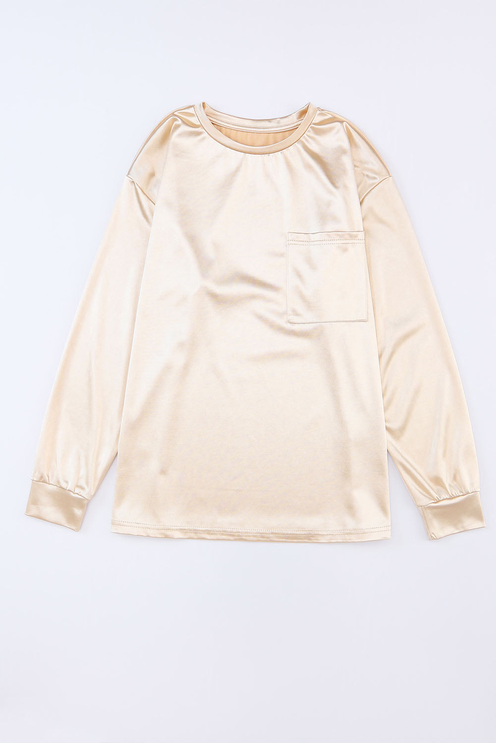 Apricot Glitter Chest Pocket Round Neck Long Sleeve Top-yoyobikini