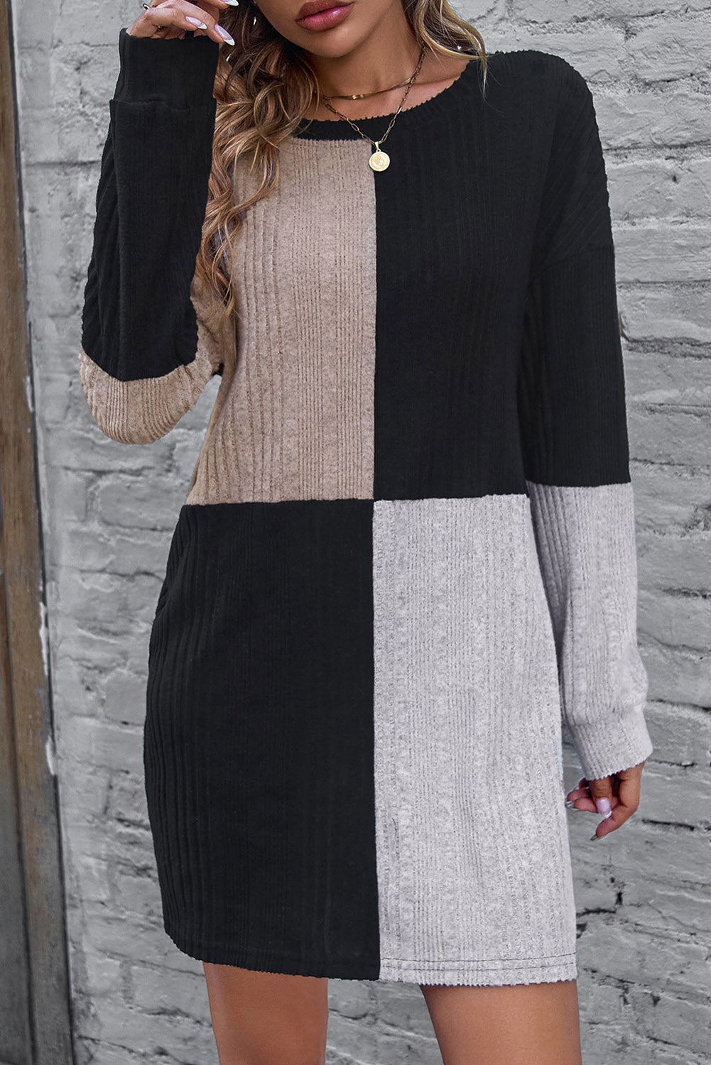 Black Ribbed Color Block Drop Shoulder Long Sleeve Mini Dress-yoyobikini