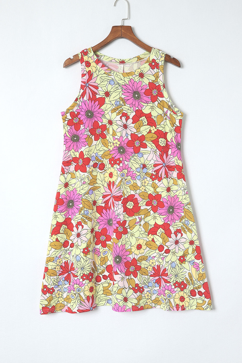 Red Round Neck Sleeveless Floral Mini Dress-yoyobikini