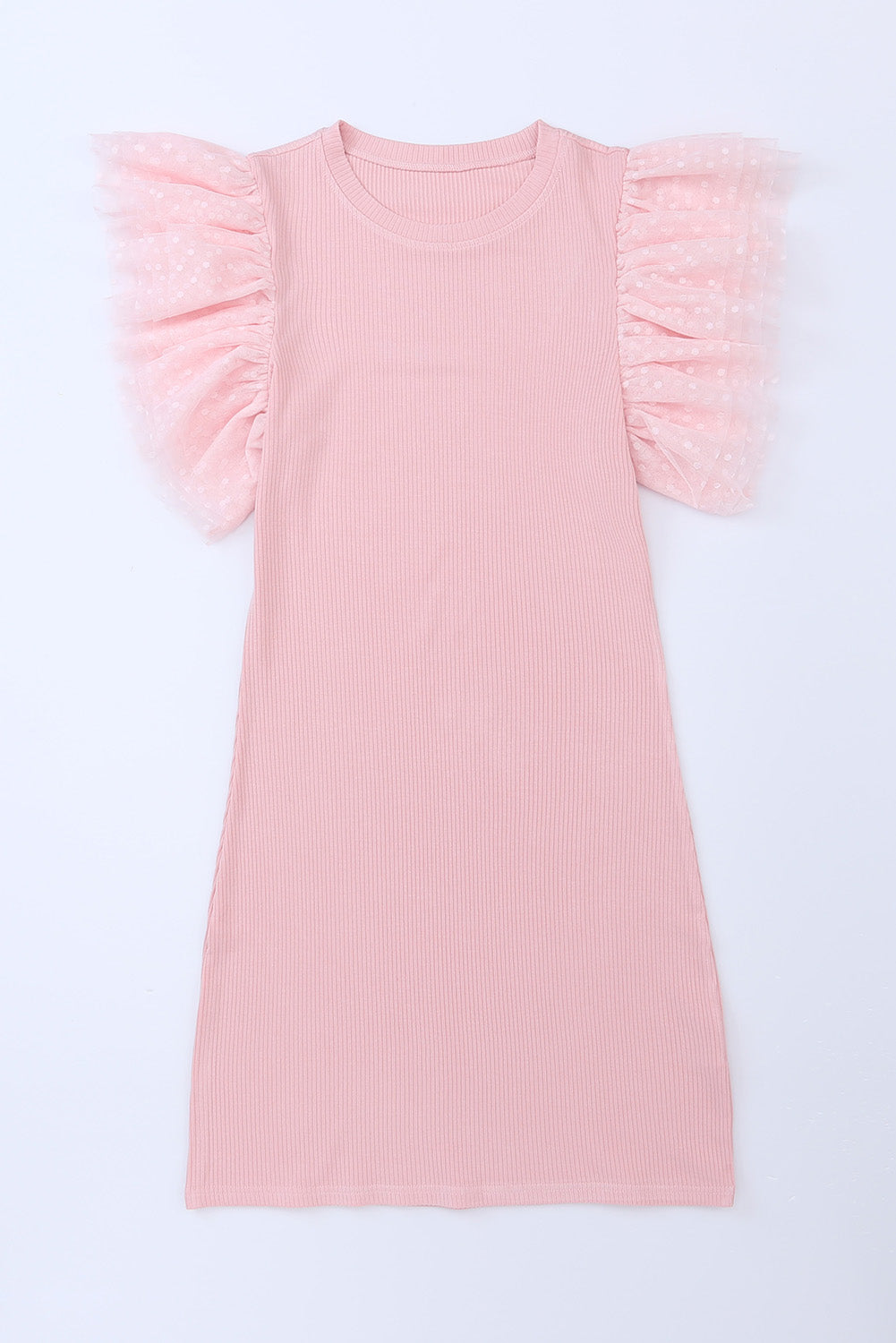 Pink Ruffle Tulle Sleeve Ribbed Knit Bodycon Dress-yoyobikini