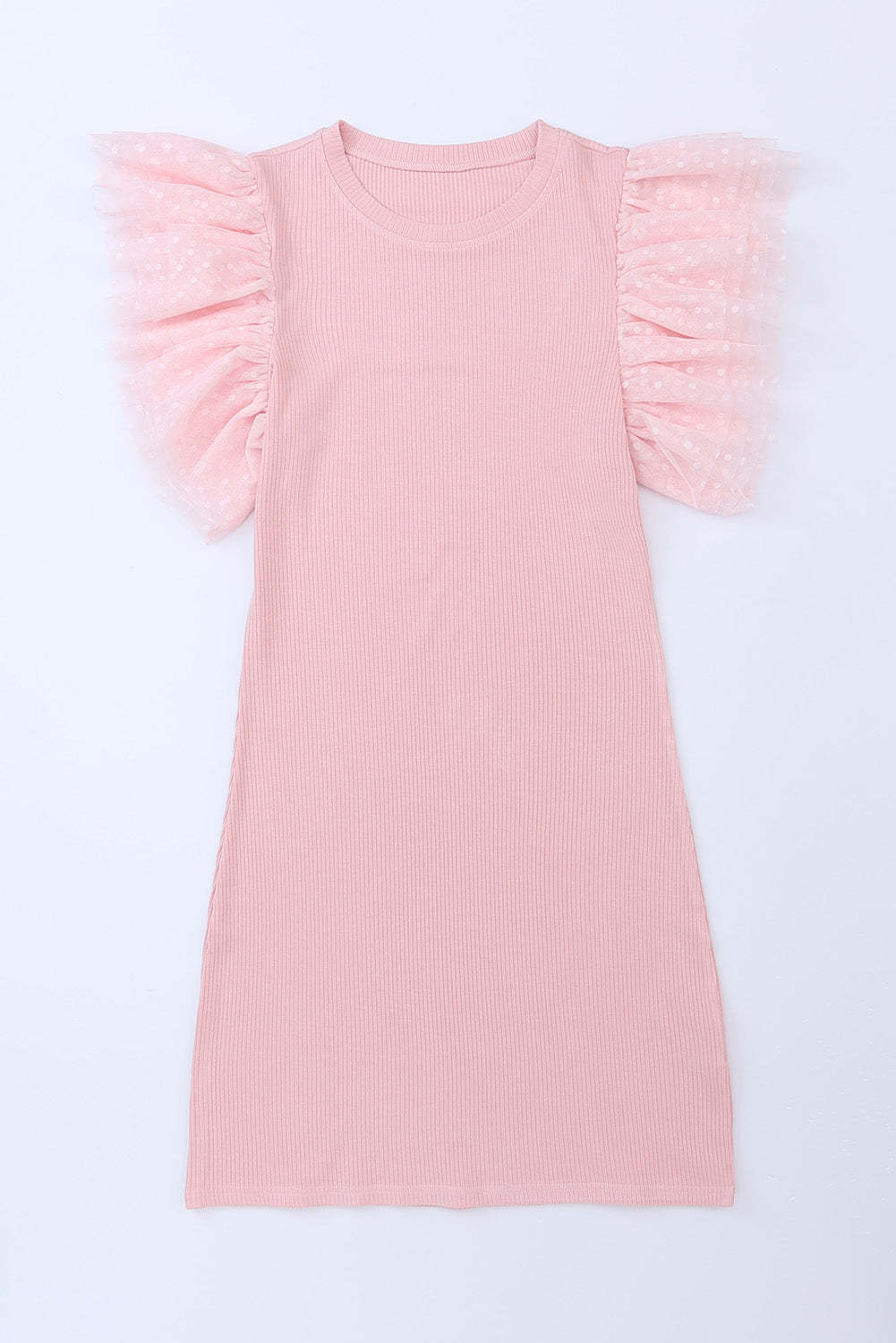 Pink Ruffle Tulle Sleeve Ribbed Knit Bodycon Dress-yoyobikini