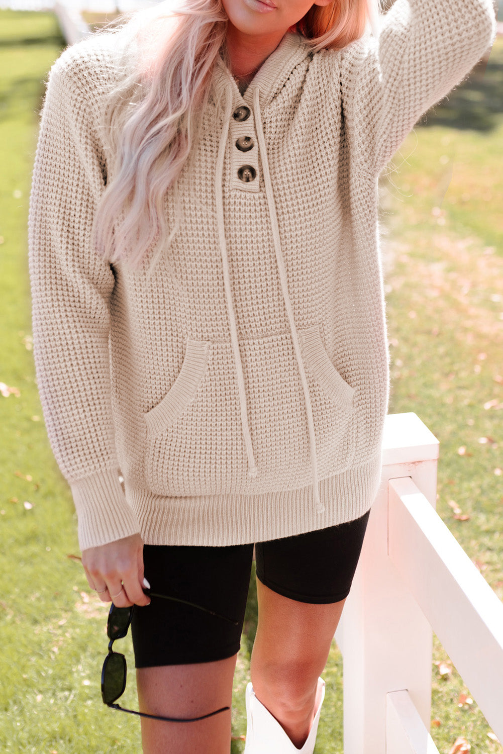 Apricot Waffle Knit Buttons Hooded Sweater with Pocket-yoyobikini
