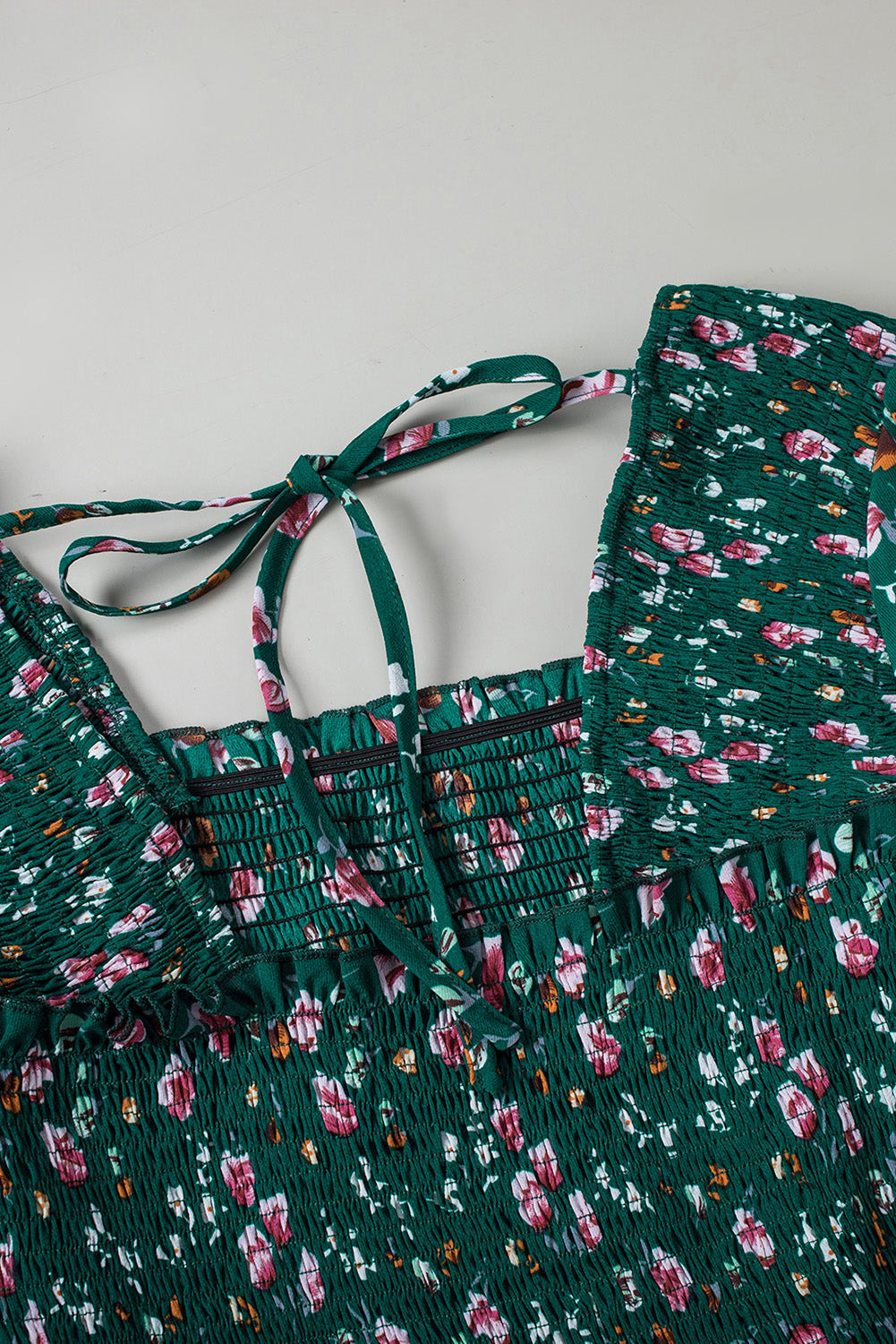 Floral Print Smocked Lace-up Square Neck Long Sleeve Top-yoyobikini