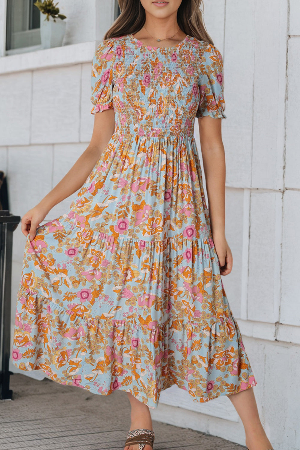 Sky Blue Floral Bubble Sleeve Smocked Flowy Ruffle Dress-yoyobikini