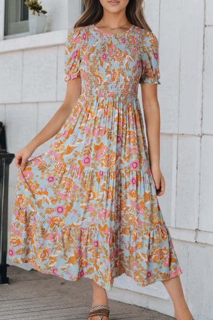 Sky Blue Floral Bubble Sleeve Smocked Flowy Ruffle Dress-yoyobikini