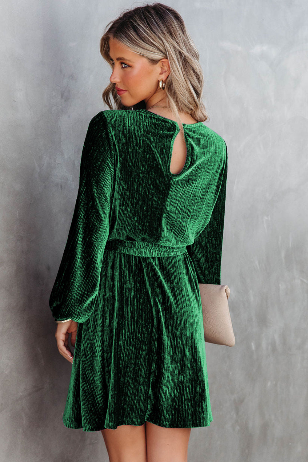 Green Tie Waist Crinkle Velvet Dress-yoyobikini