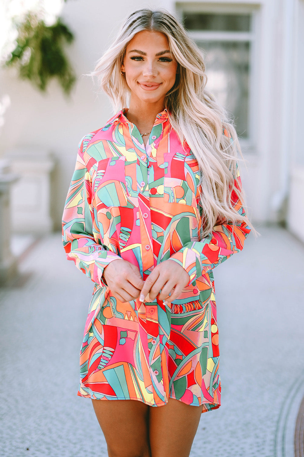 Multicolor Geometric Abstract Print Long Sleeve Shirt Dress-yoyobikini