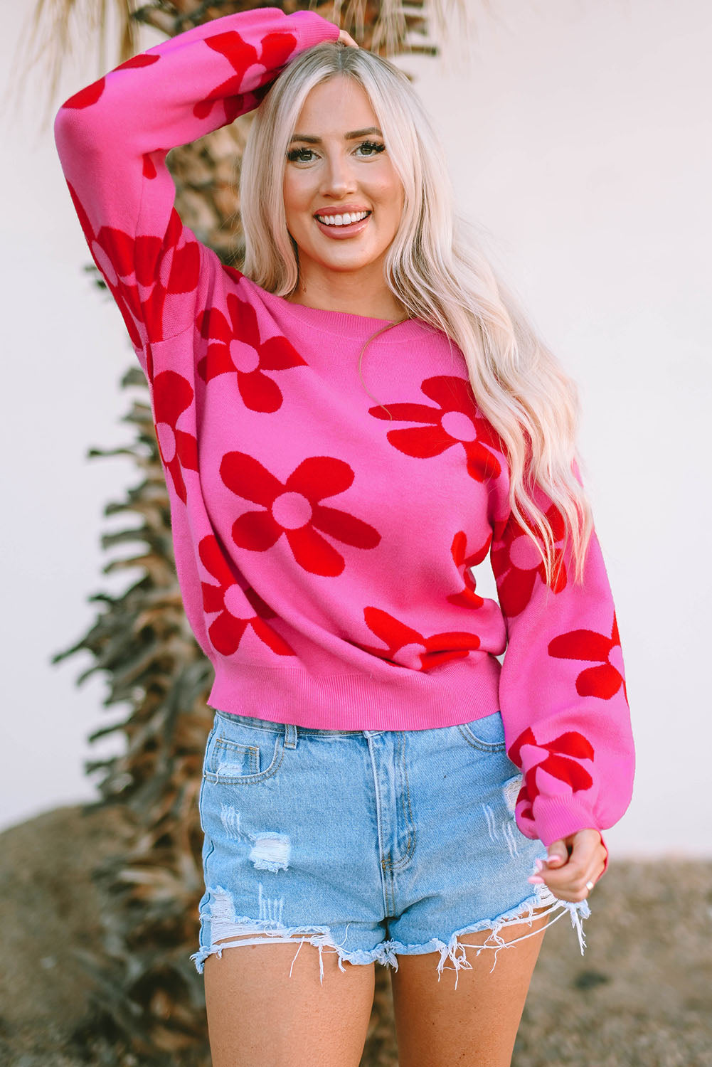 Rose Big Flower Knit Ribbed Trim Sweater-yoyobikini