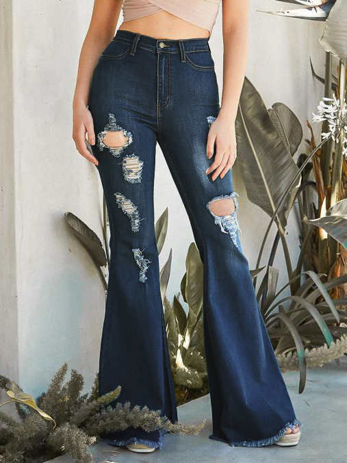 Flare Jeans Raw Edge Ripped High Rise Bell Bottoms For Women 2024
