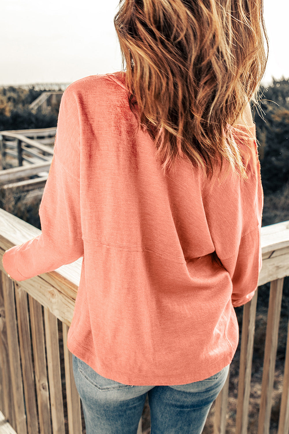 Pink Split V Neck Long Sleeve Top-yoyobikini