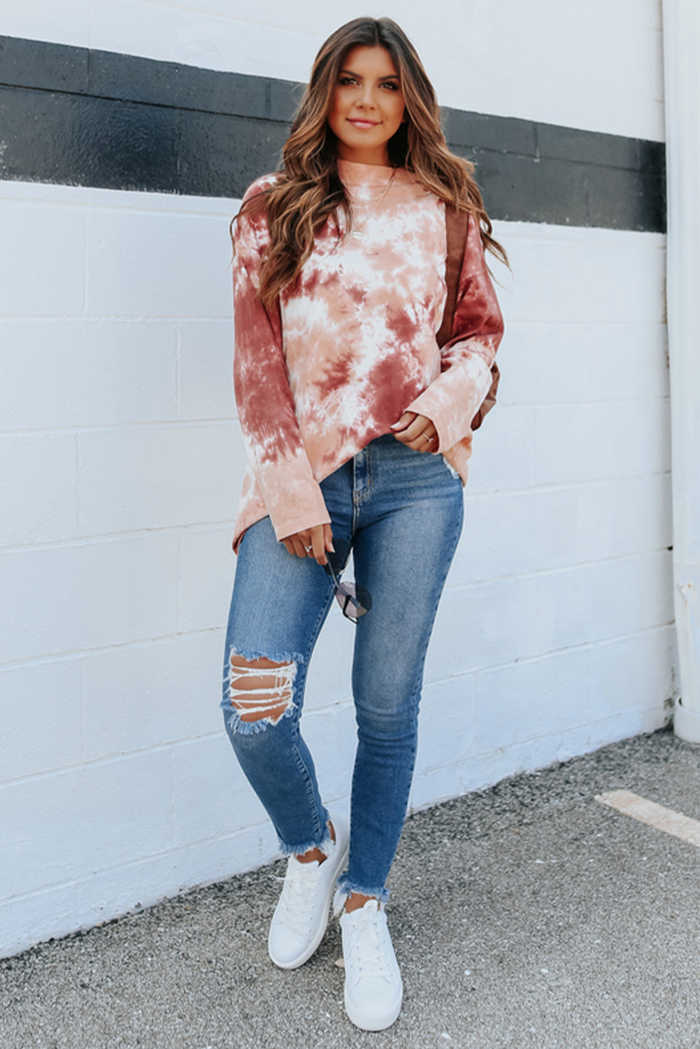 Red Tie Dye Crew Neck Long Sleeve Top-yoyobikini