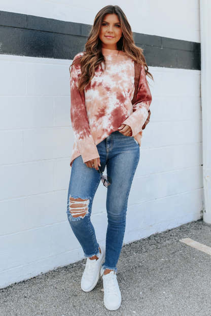 Red Tie Dye Crew Neck Long Sleeve Top-yoyobikini