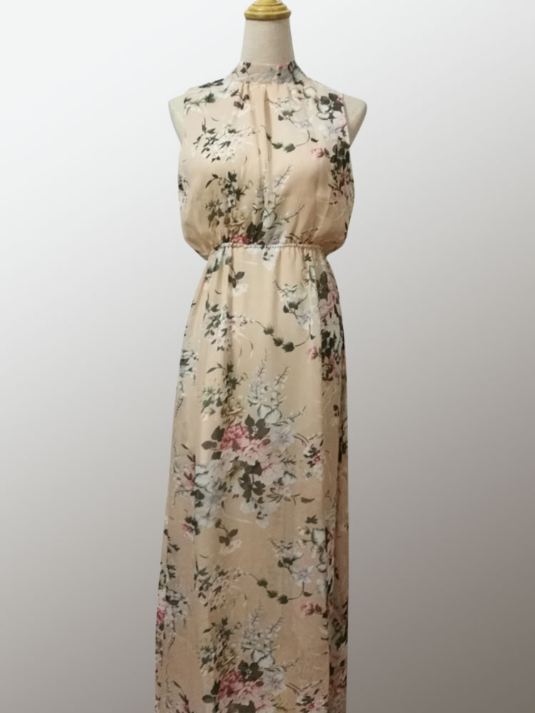 Boho Maxi Dress Floral Print Chiffon High Collar Split Soft Pink Summer Long Dress For Women