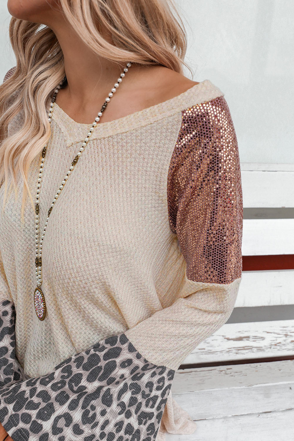 Leopard Sequin Patchwork Bell Sleeve V Neck Tunic Top-yoyobikini