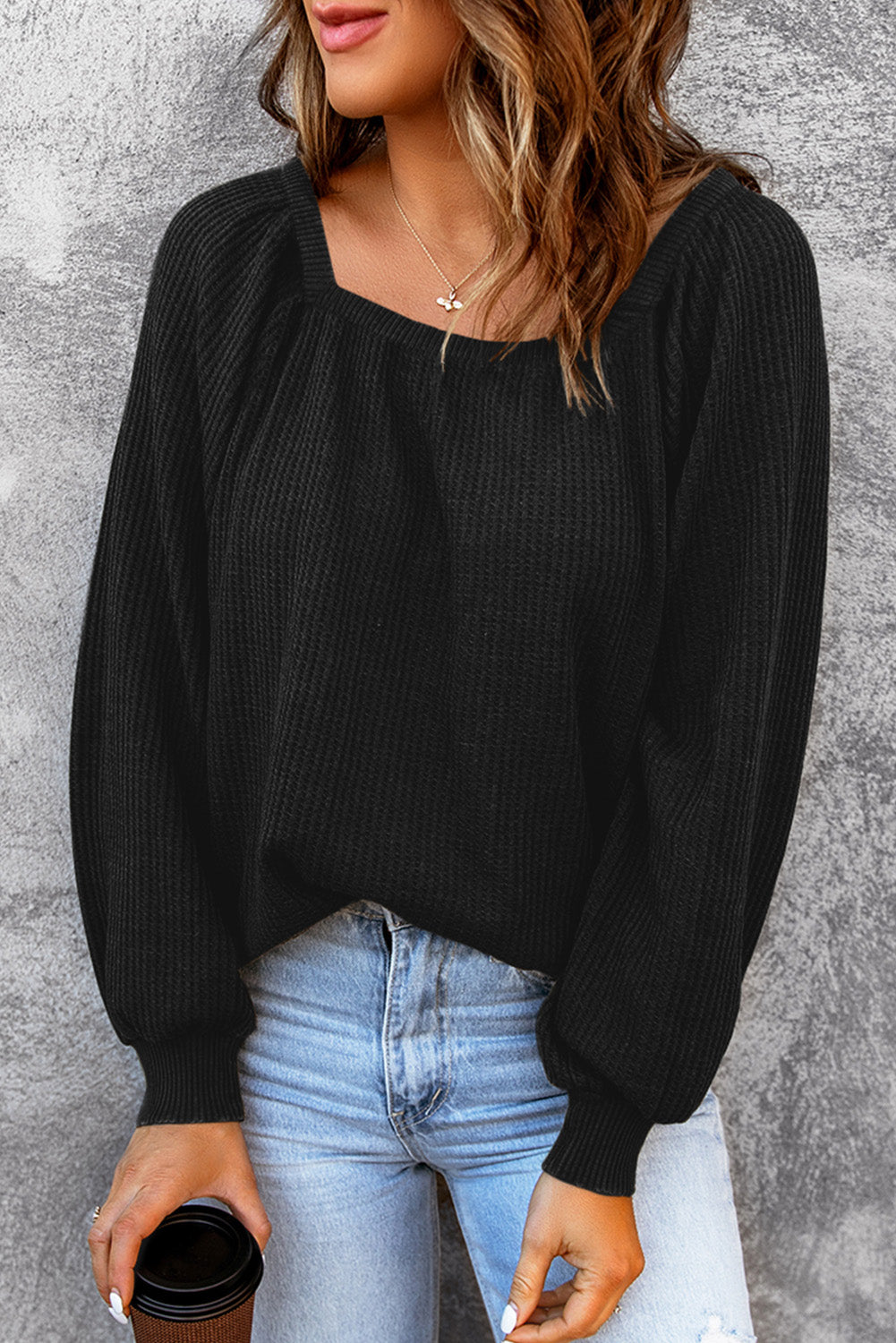 Black Scoop Neck Puff Sleeve Waffle Knit Top-yoyobikini