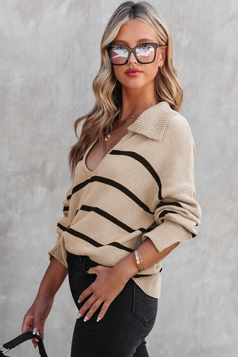 Khaki Striped Knit Collared Pullover Sweater-yoyobikini