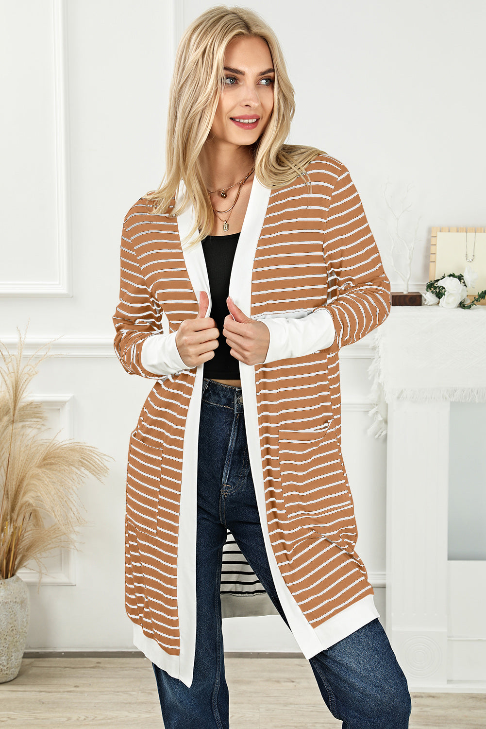 Brown Striped Side Pockets Open Front Cardigan-yoyobikini