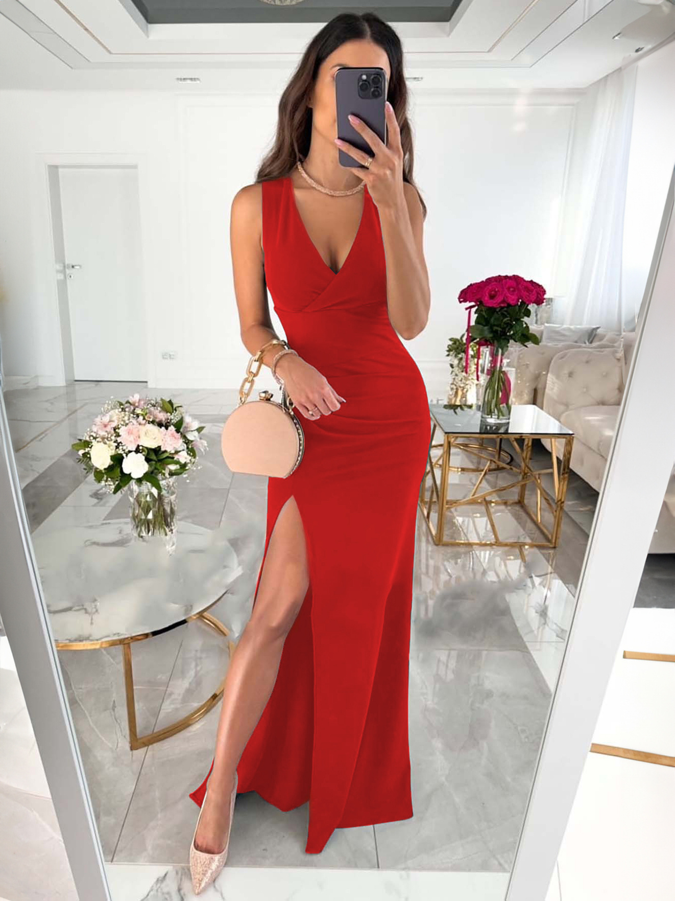 Party Dresses Nude V-Neck Pleated Sleeveless High-slit Semi Formal Dress