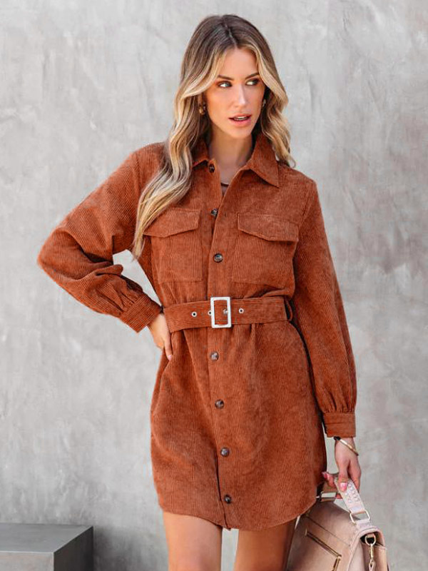 Corduroy Shirt Dresses Solid Color Belted Daily Fall Spring Mini Dress