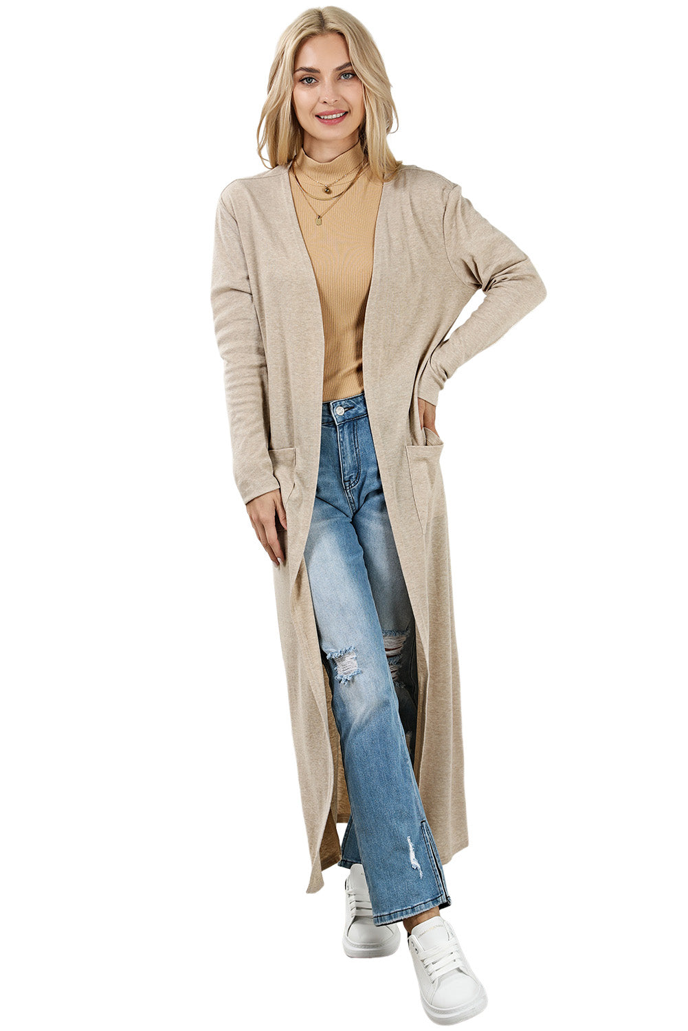 Apricot Open Front Pocketed Duster Cardigan with Slits-yoyobikini