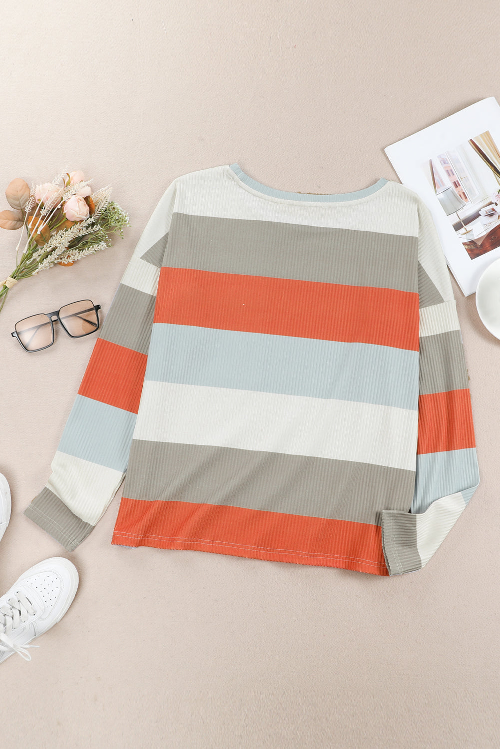 Red Striped Colorblock Ribbed Knit Top with Pocket-yoyobikini