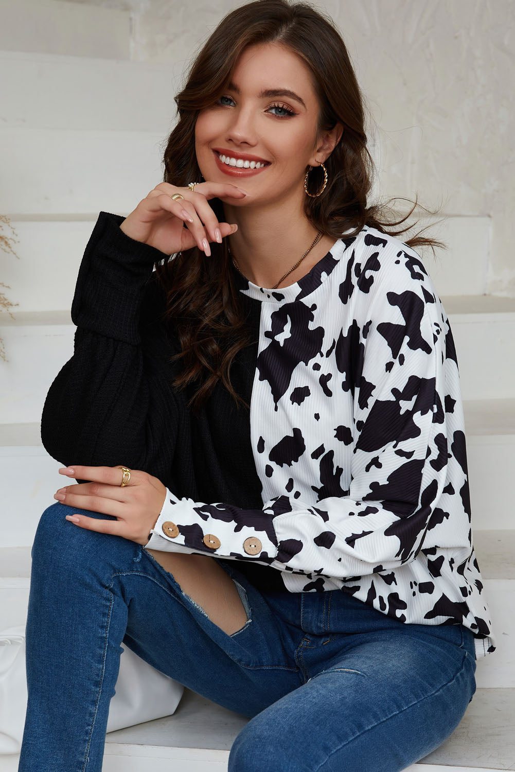 Black Cow Patchwork Waffle Knit Long Sleeve Top-yoyobikini