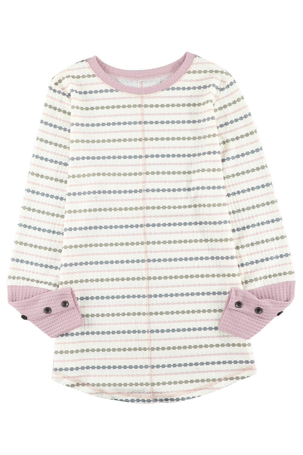 Waffle Knit Colorblock Buttoned Cuff Long Sleeve Blouse-yoyobikini