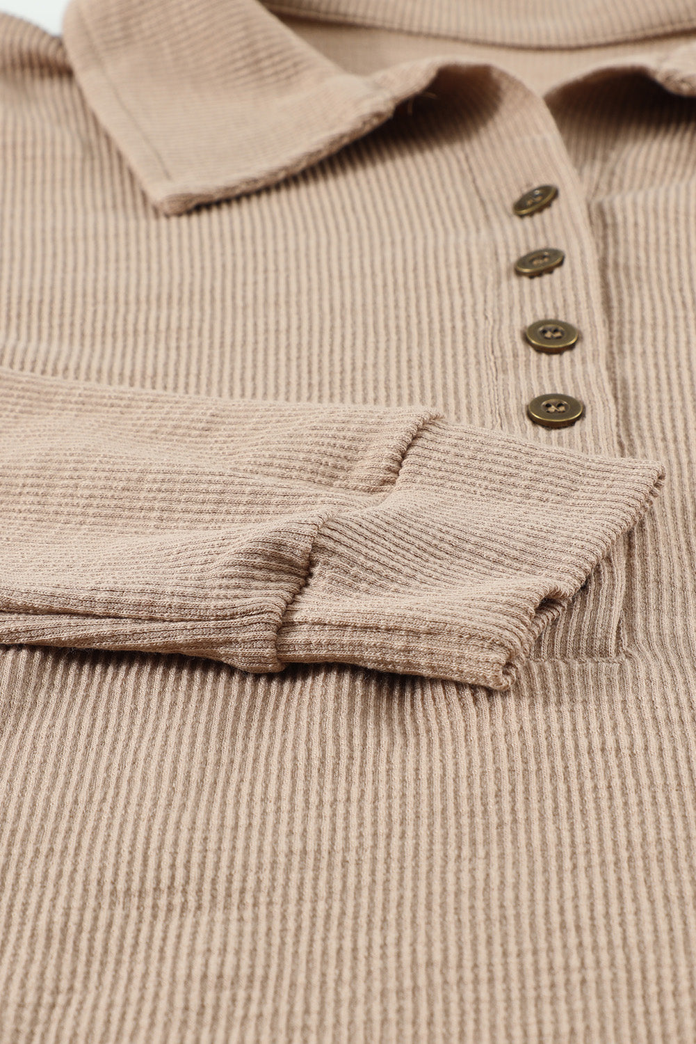 Khaki Button Front Turn-down Neck Knit Top-yoyobikini