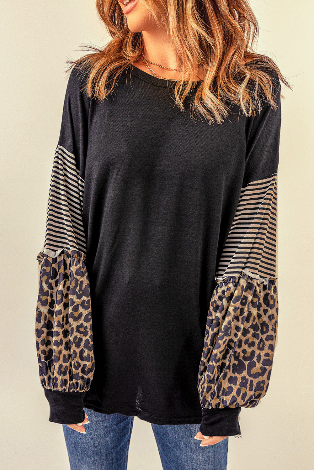 Black Leopard Striped Print Sleeve Colorblock Top-yoyobikini