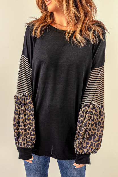 Black Leopard Striped Print Sleeve Colorblock Top-yoyobikini