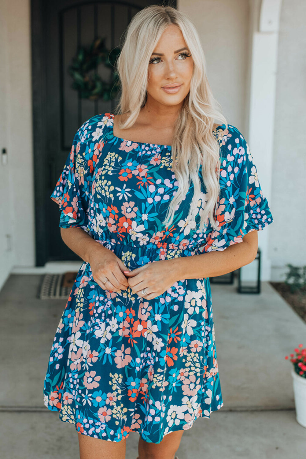 Blue Square Neck Ruffle Floral Dress-yoyobikini
