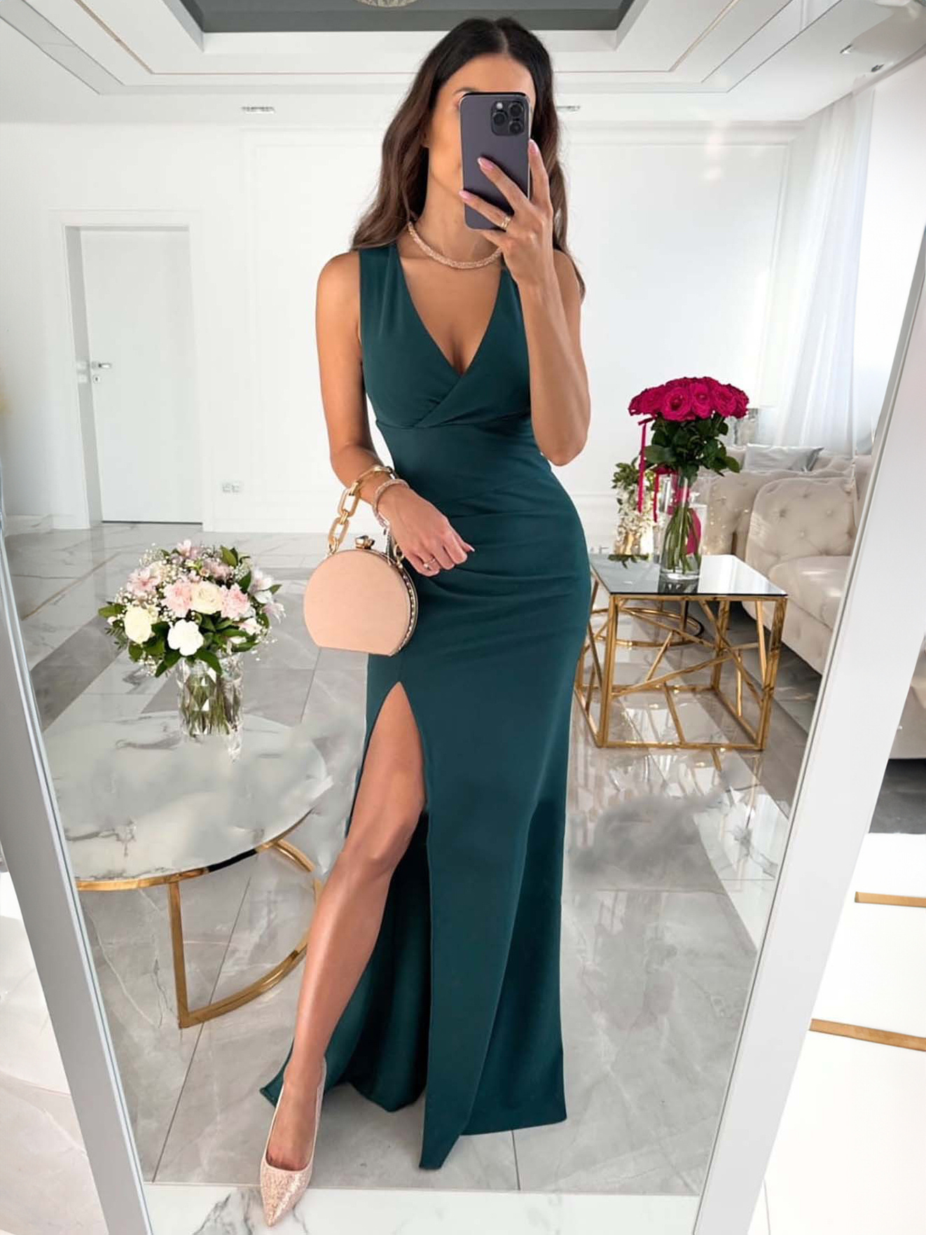 Party Dresses Nude V-Neck Pleated Sleeveless High-slit Semi Formal Dre