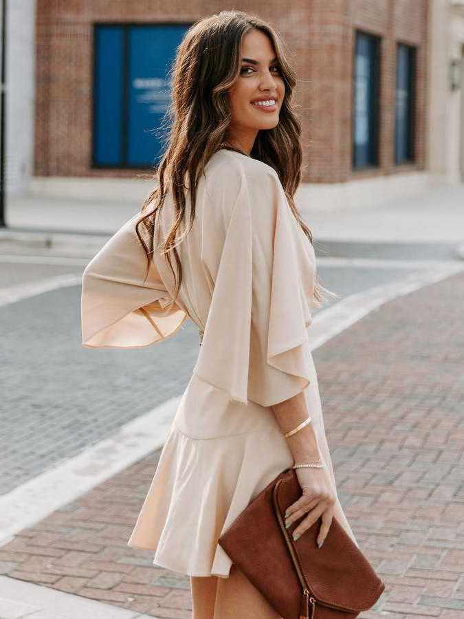 Summer Dresses Khaki V-Neck Beach Mini Dress For Women