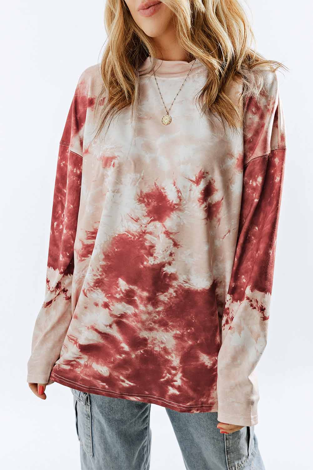 Red Tie Dye Crew Neck Long Sleeve Top-yoyobikini