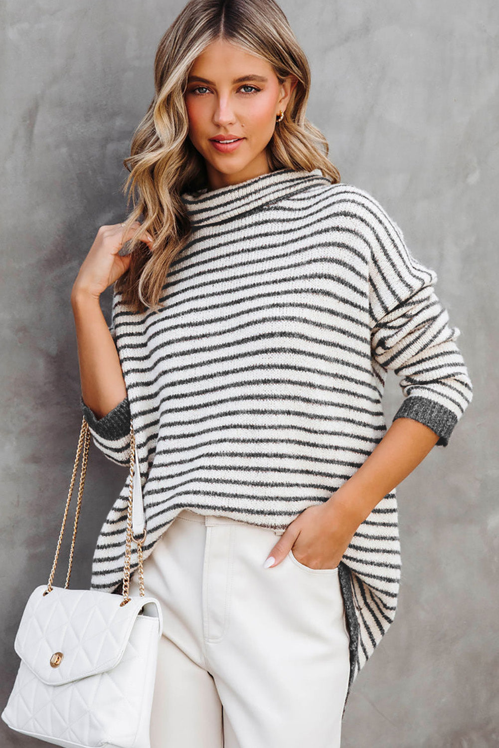 Gray Striped Turtleneck Loose Sweater-yoyobikini