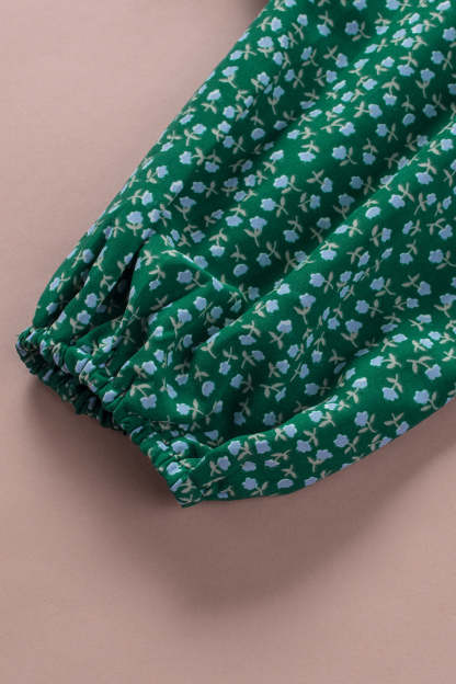 Green Square Neck Puff Sleeve Floral Smocked Top-yoyobikini