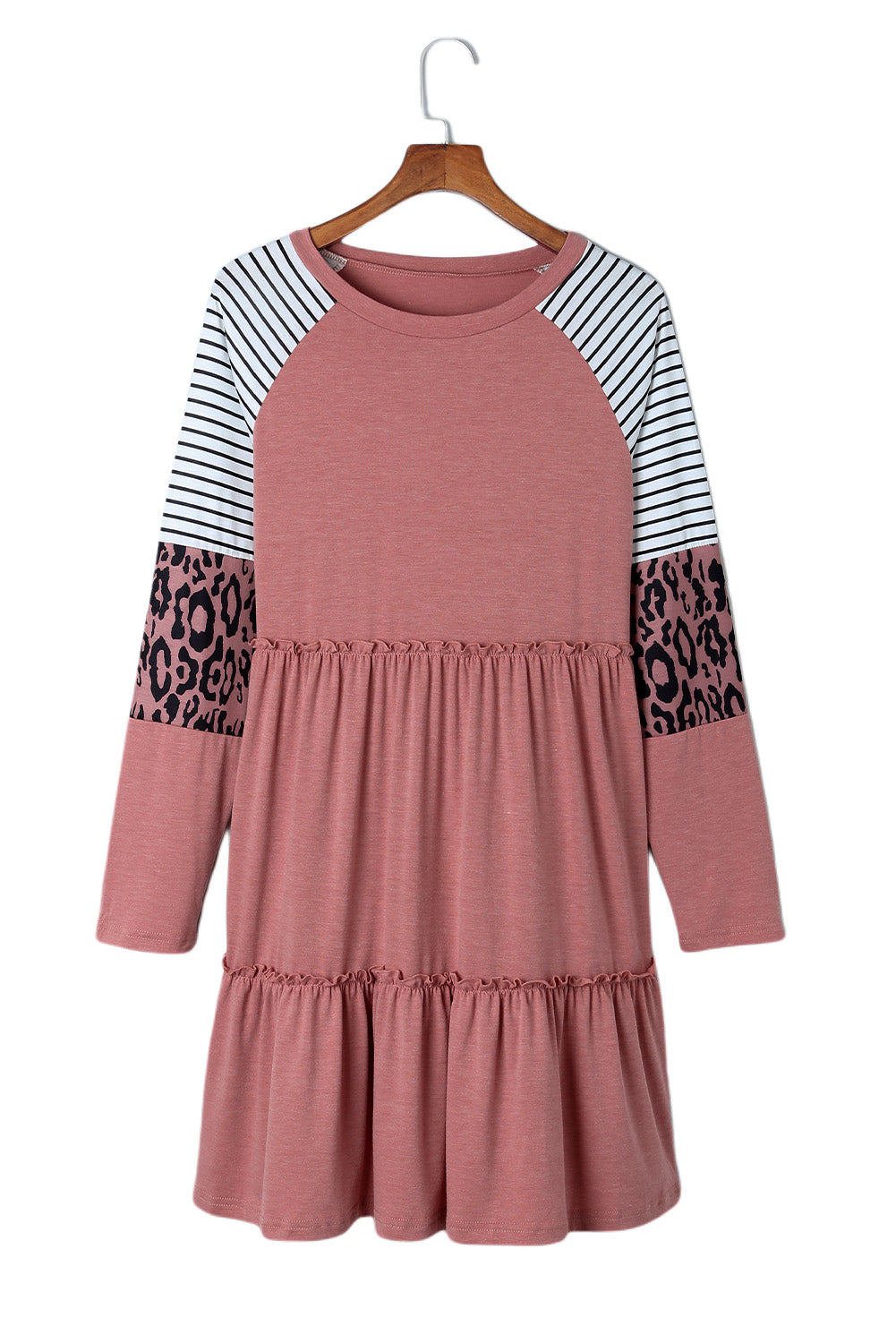 Pink Striped Leopard Patchwork Long Sleeve Mini Dress-yoyobikini