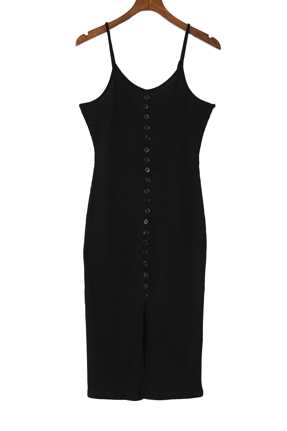 Black Buttoned Ribbed Knit Sleeveless Midi Bodycon Dress with Slit-yoyobikini