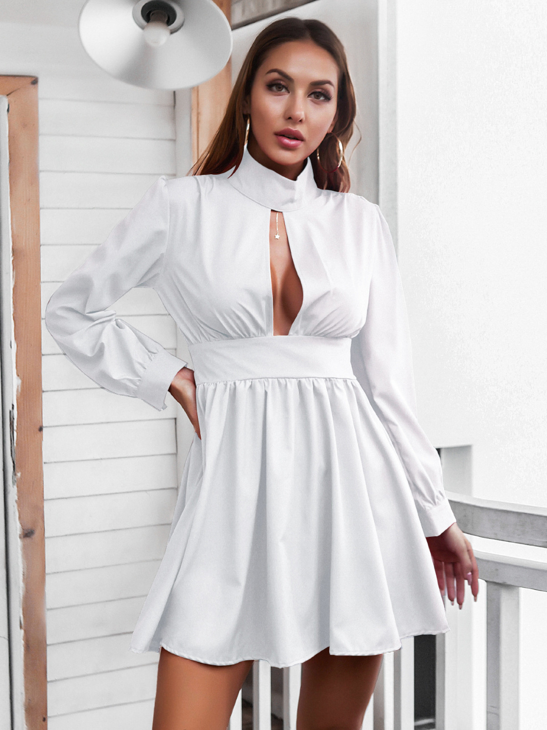 Birthday Skater Dresses High Collar Pleated Black Sexy Long Sleeves Fit And Flare Dress