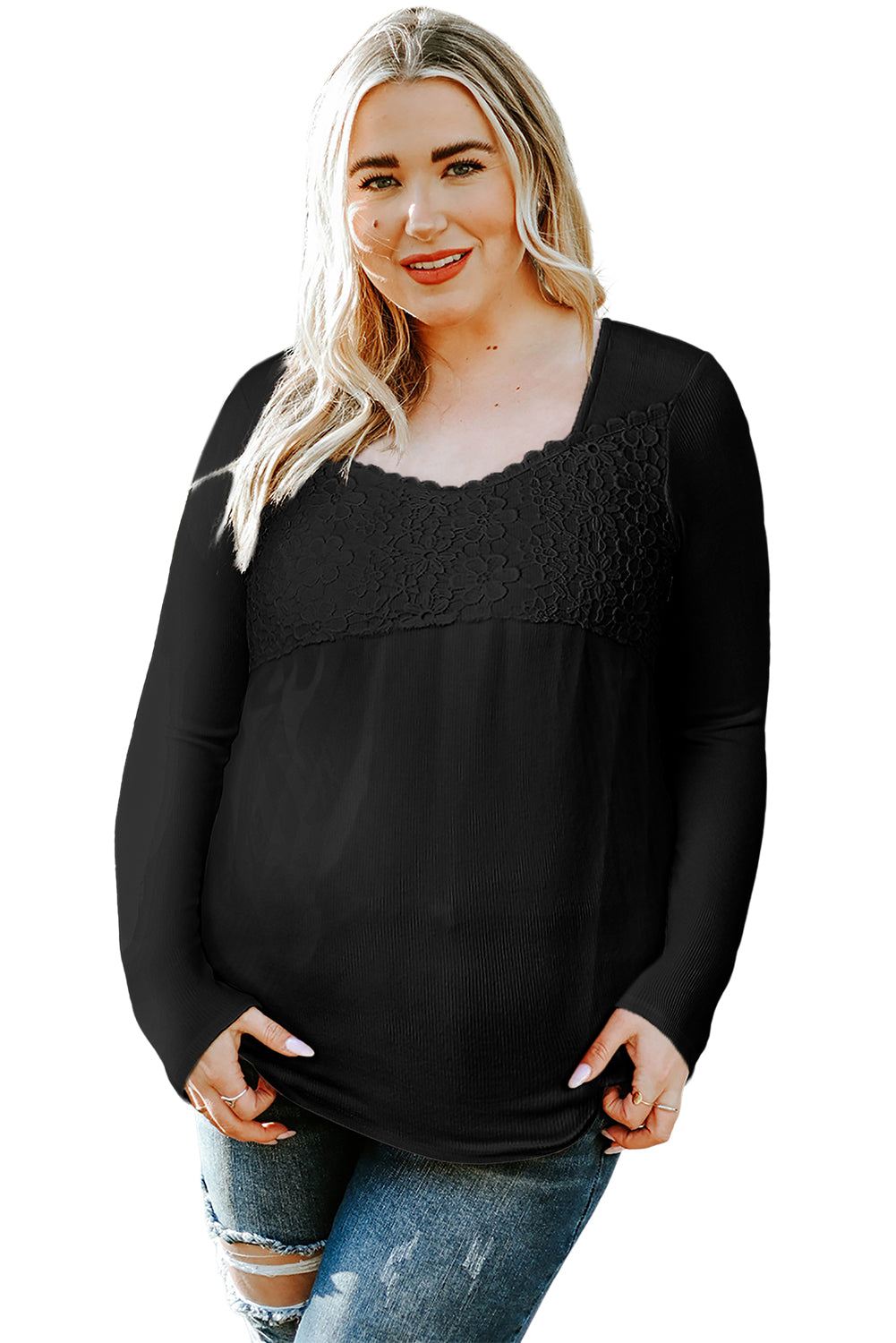 Black Lace Crochet V Neck Long Sleeve Top-yoyobikini