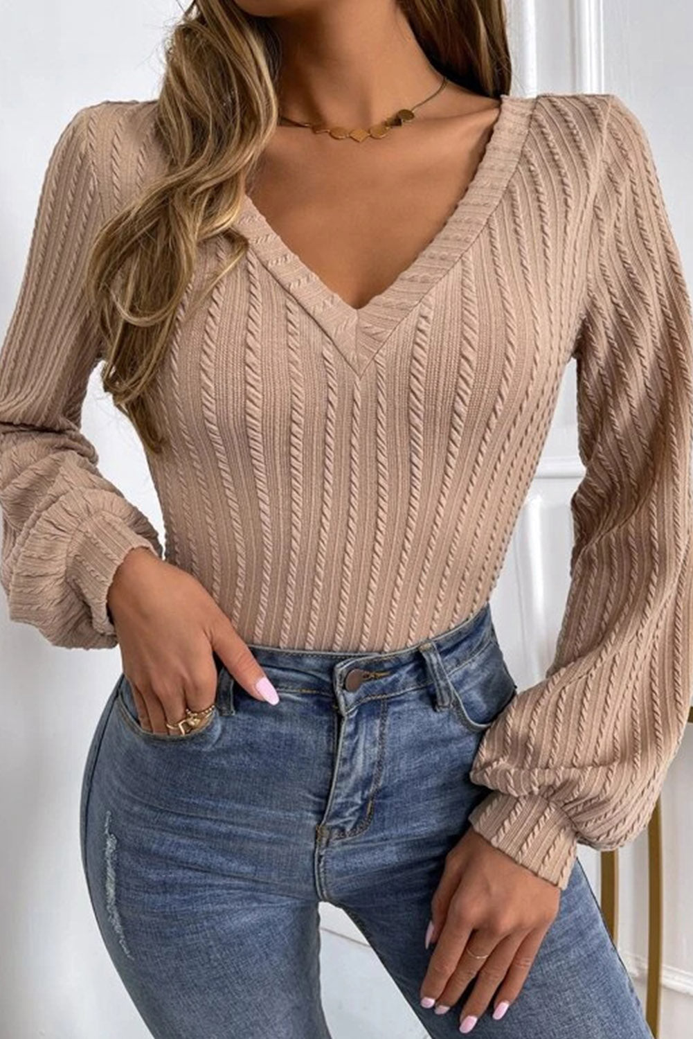 Khaki Knitted Jacquard V Neck Lantern Sleeve Top-yoyobikini