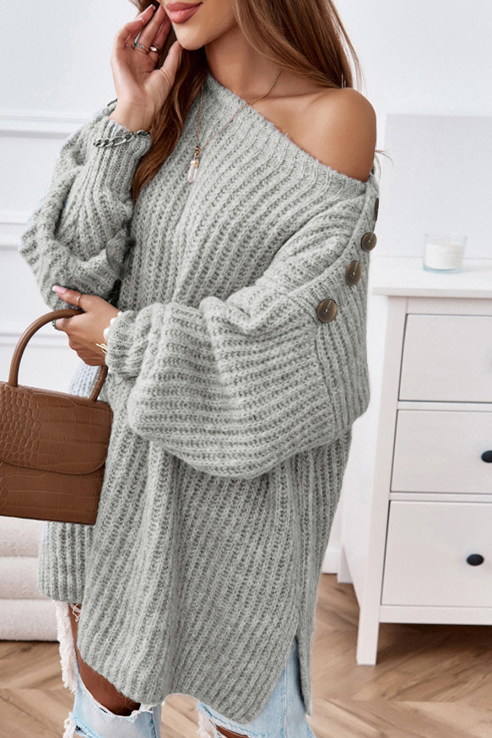 Gray Buttoned Drop Shoulder Oversized Sweater-yoyobikini