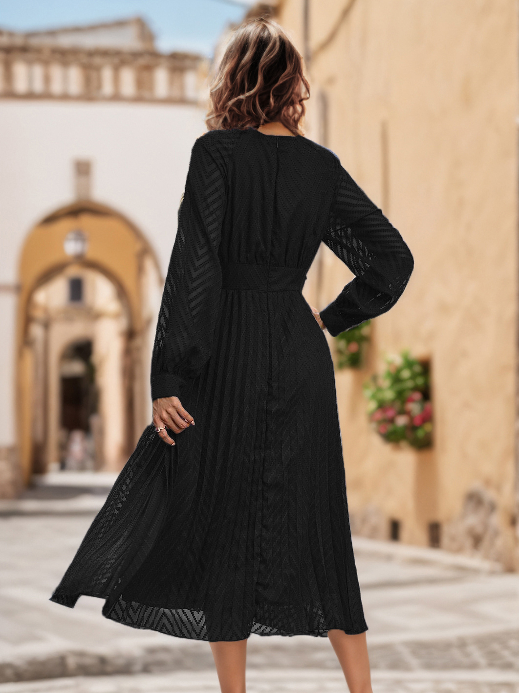 V-Neck Dress Long Sleeves Pleated Zipper Flared Midi Dress