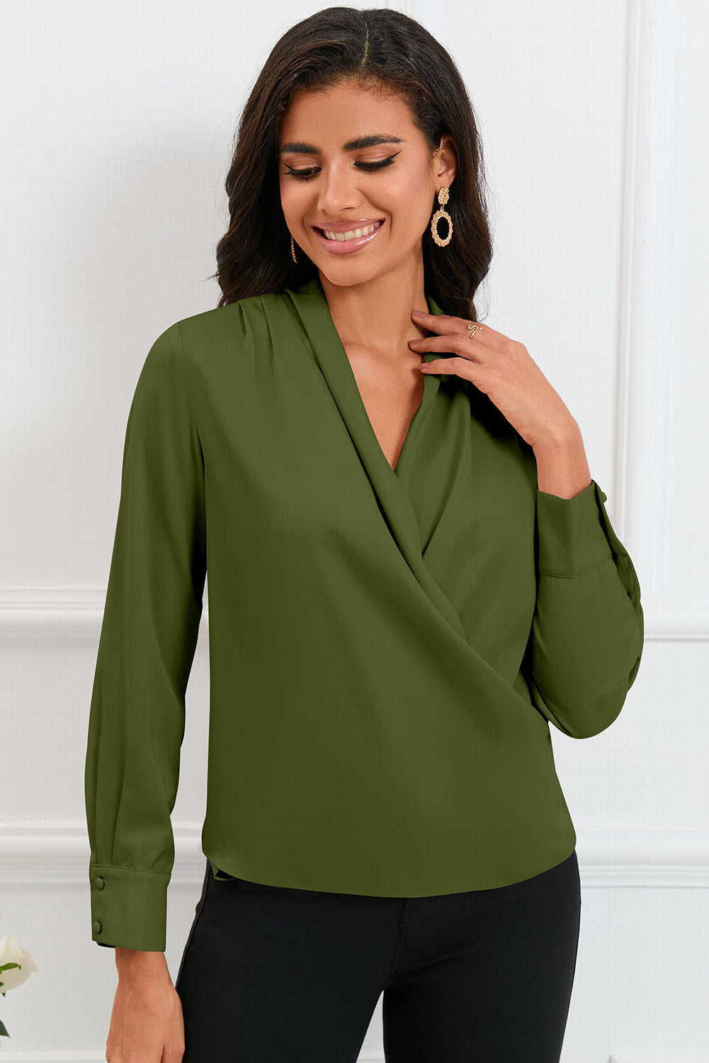 Green Solid Wrap V Neck Long Sleeve Top-yoyobikini