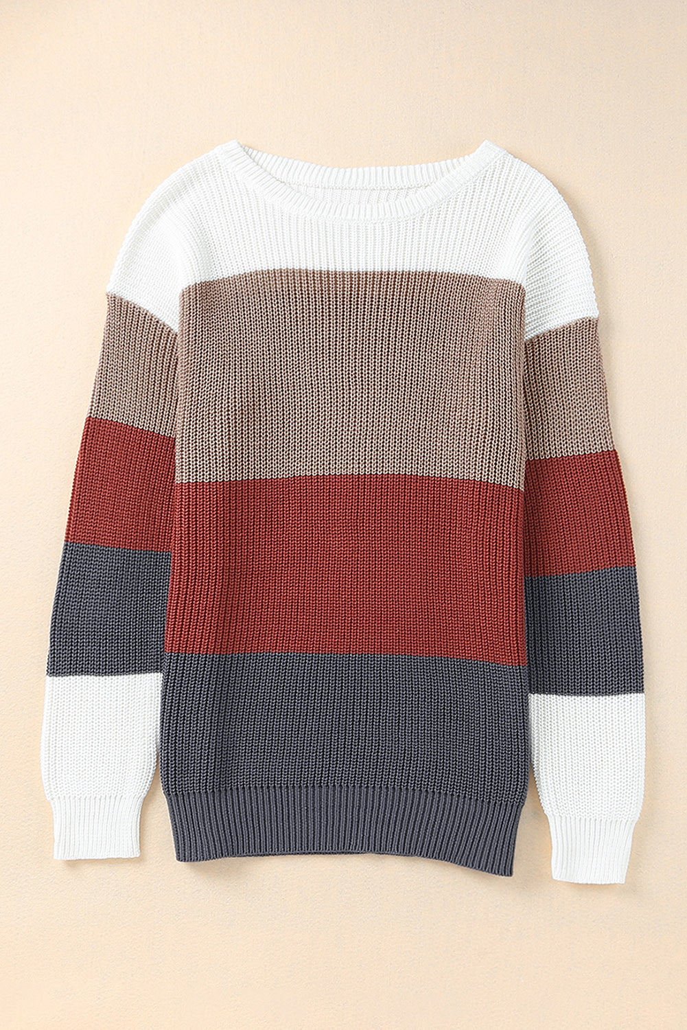 Color Block Knitted O-neck Pullover Sweater-yoyobikini