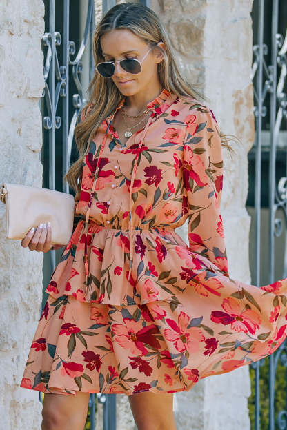 Red Frilled Collar Long Sleeve Floral Dress with Ruffle-yoyobikini